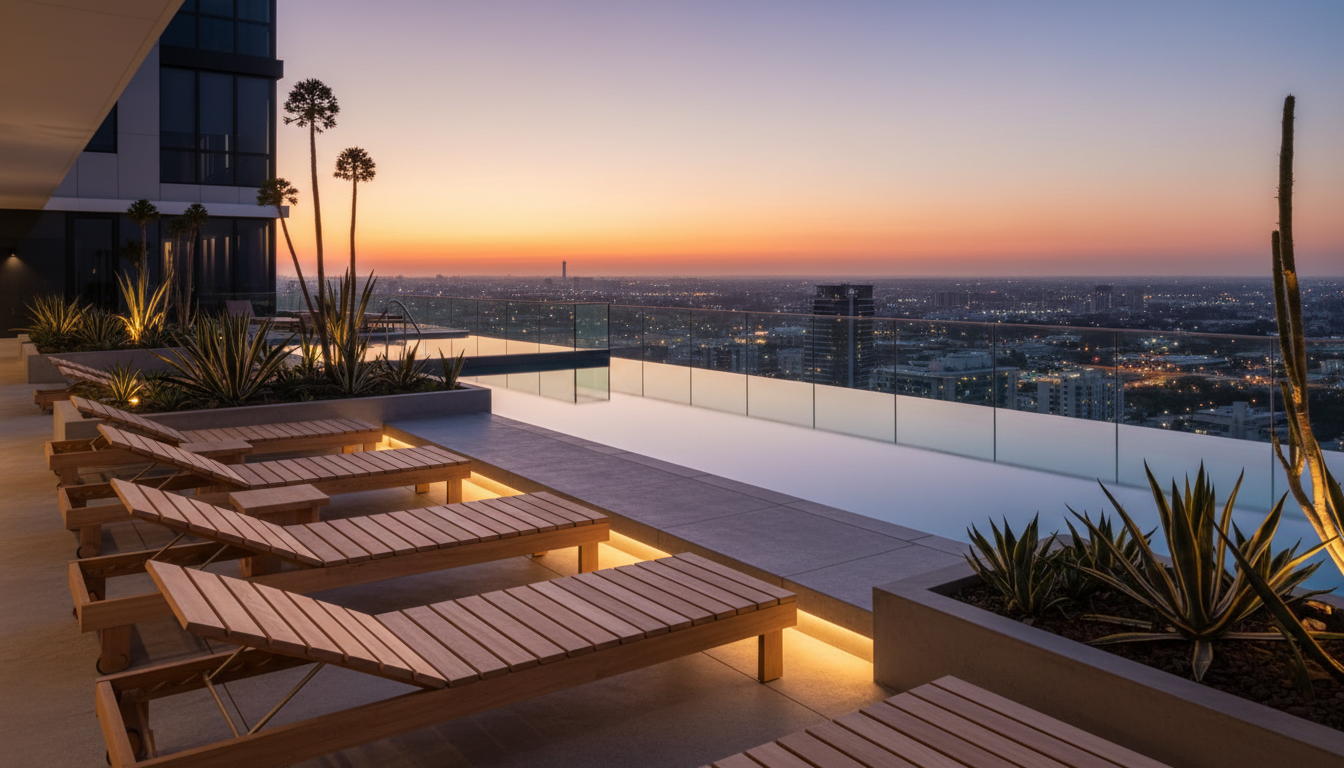 Landscaped amenity deck with an infinity pool on a residential tower at dusk