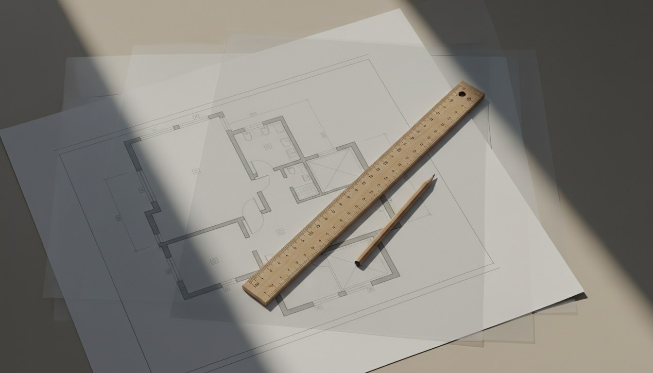 Residential floor plans on an architect's drafting table