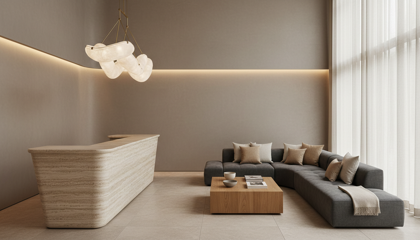 Minimalist boutique hospitality lounge with a stone bar and soft lighting