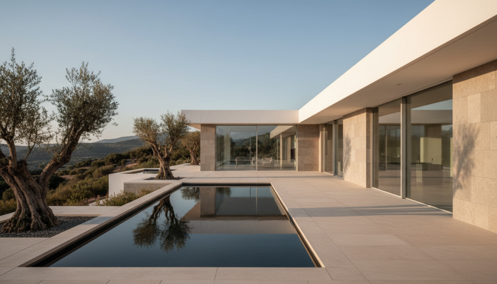 Minimalist villa terrace with stone walls, glass openings and a reflecting pool in warm afternoon light