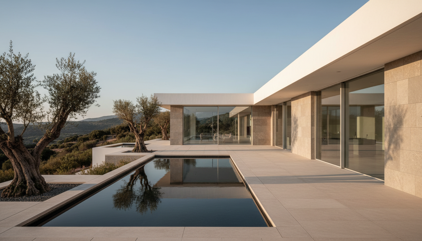 Minimalist villa terrace with stone walls, glass openings and a reflecting pool